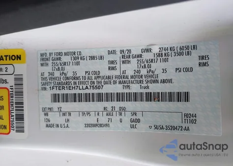 2020 Ford Ranger Xl из США, поврежденный, VIN 1FTER1EH7LLA75507